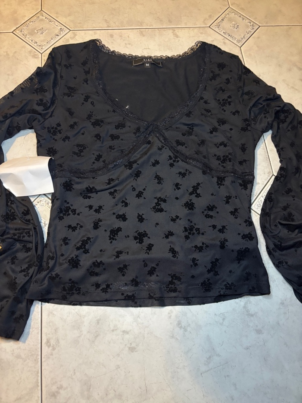 Vero Moda Black Floral Velvet Burnout Lace-Trim Long Sleeve Top